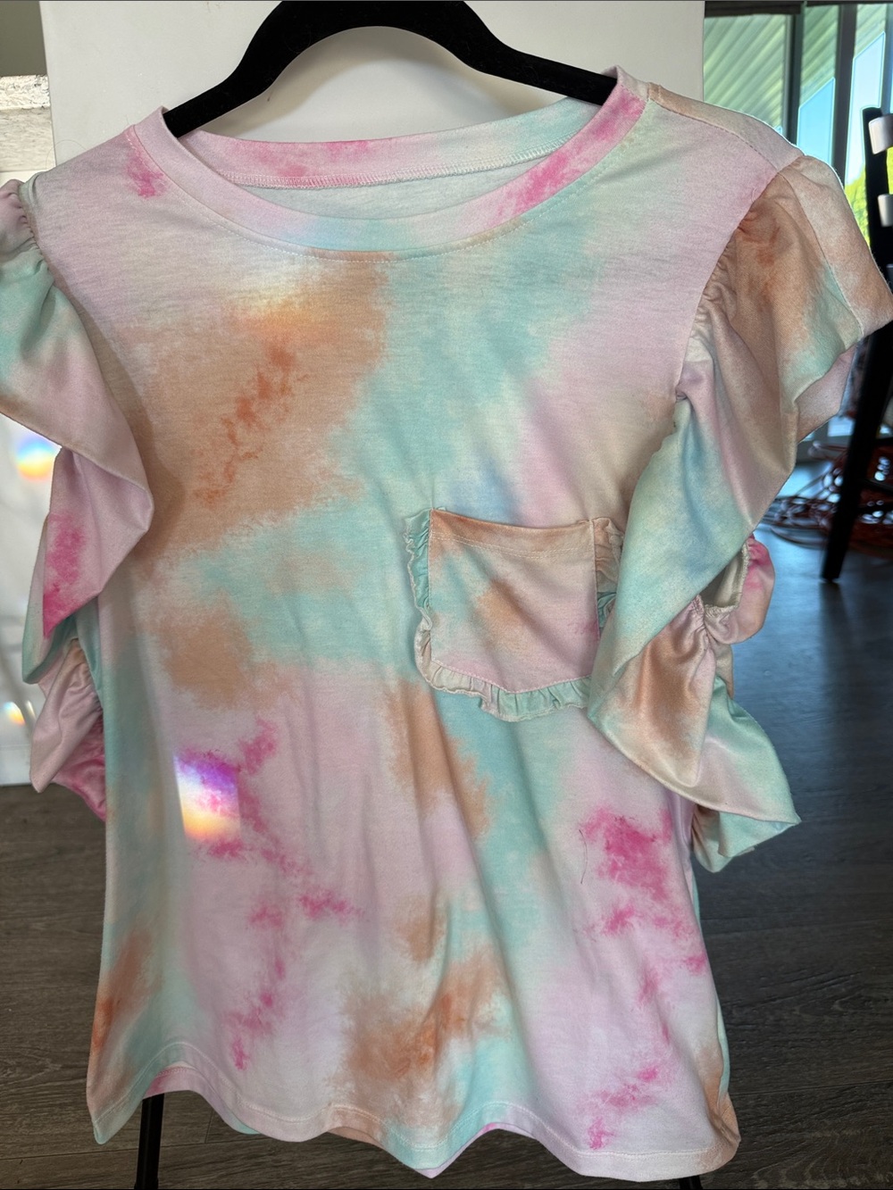 Women’s Pastel Tie-Dye Ruffle Sleeve Top - Pink & Mint